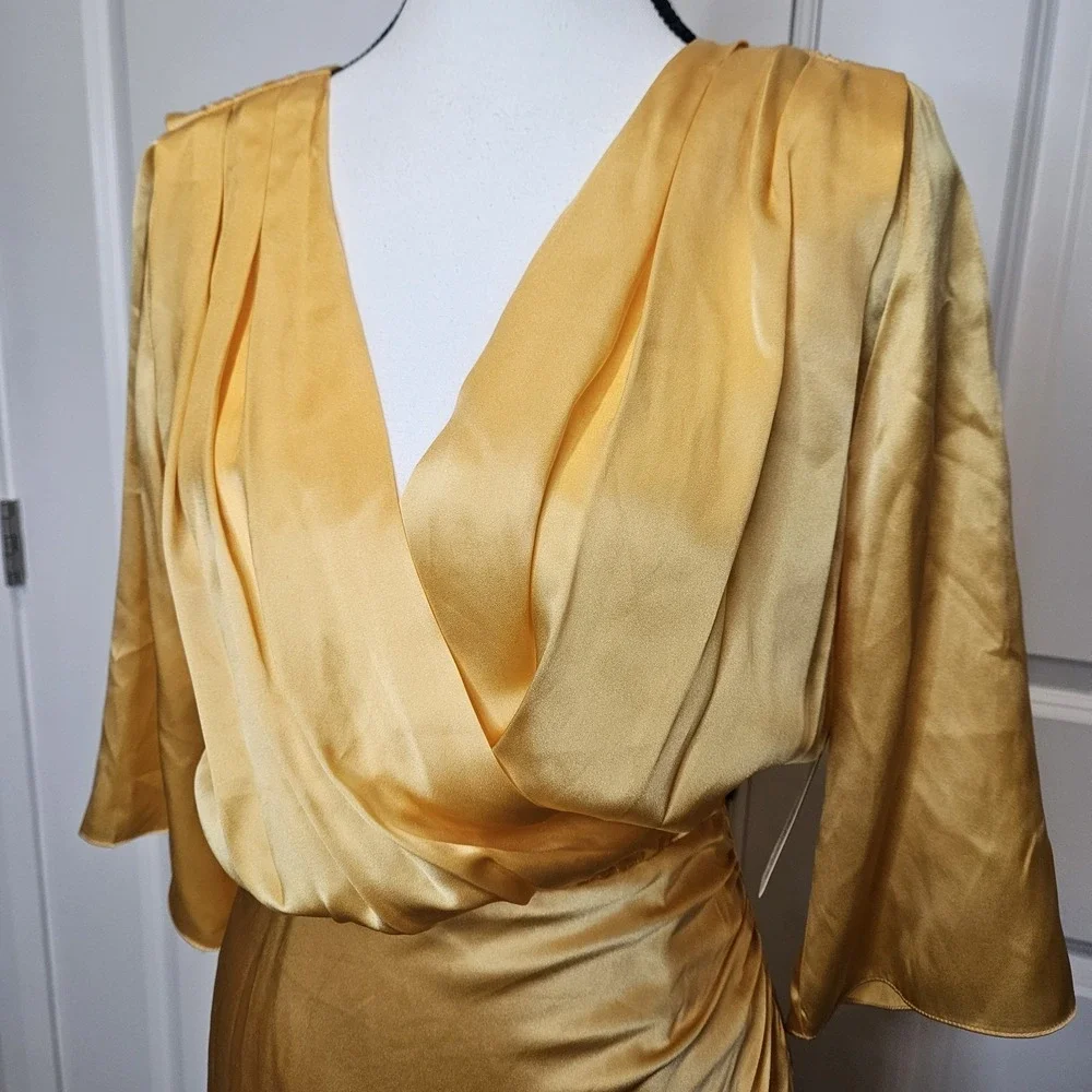 NWT Amanda Uprichard Silk Dress Size XS Marigold Yellow Blouson Faux Wrap Mini
